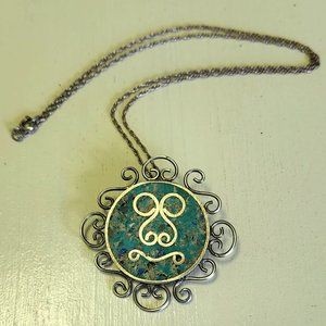 Vintage Taxco Sterling Silver & Crushed Turquoise Pendant Necklace Brooch